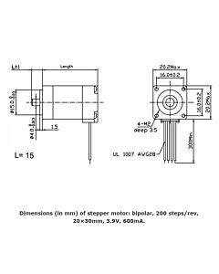 Stepper Motor: Bipolar, 200 Steps/Rev, 20×30mm, 3.9V, 0.6 A/Phase